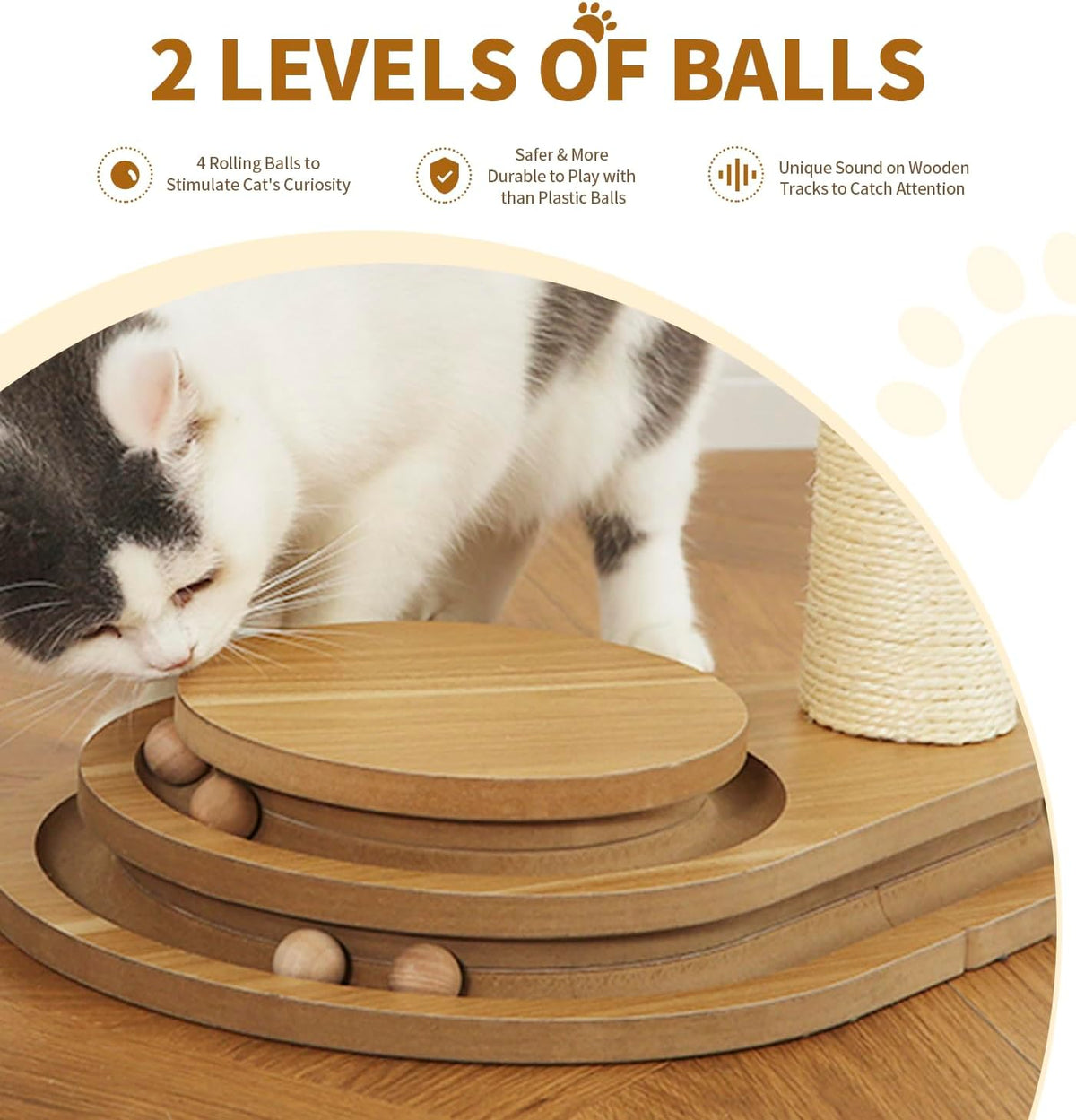 Made4Pets Cat Scratching Post Cat Scratcher Kitten Toys for Indoor Cats Wooden Ball Track Two-Layer