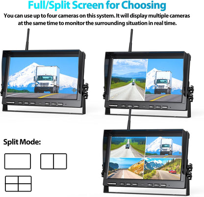 Fookoo 1080P 10" Wireless Backup Camera System, 10" Dual/Quad Split Monitor with Recording, IP69