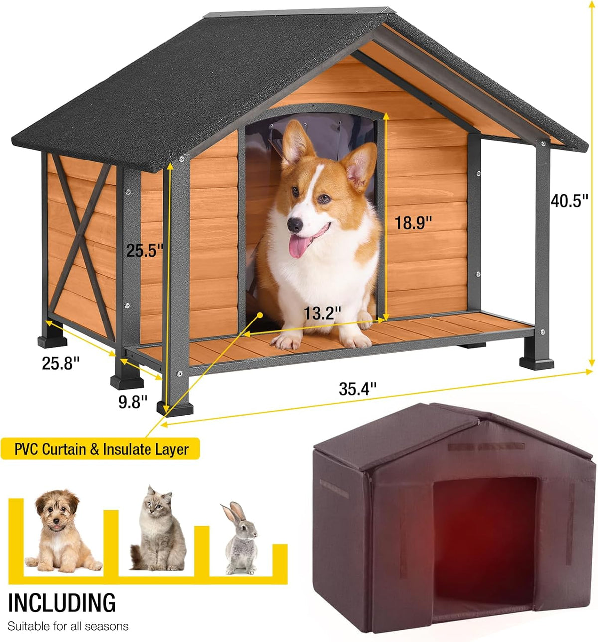Aivituvin Dog House with Insulated Liner Outdoor All-Around Iron Frame Dog Kennel Outside with