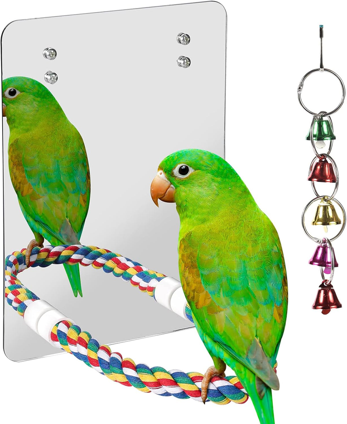 10.6" Bird Mirror with Rope Perch Bird Toys Swing, Comfy Perch for Greys Amazons Parakeet Cockatiel