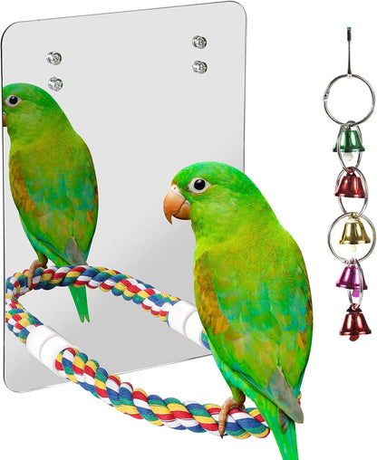 10.6" Bird Mirror with Rope Perch Bird Toys Swing, Comfy Perch for Greys Amazons Parakeet Cockatiel