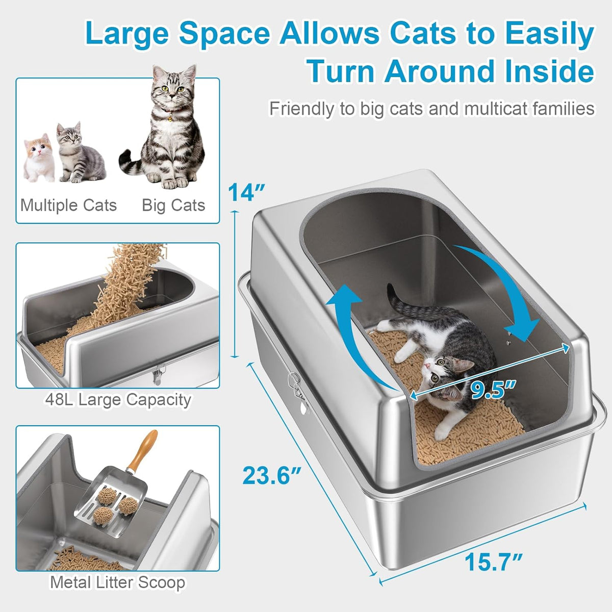 14'' High Sides XXL All Stainless Steel Cat Litter Box with Lid,XL Deep Metal Litter Box for Big