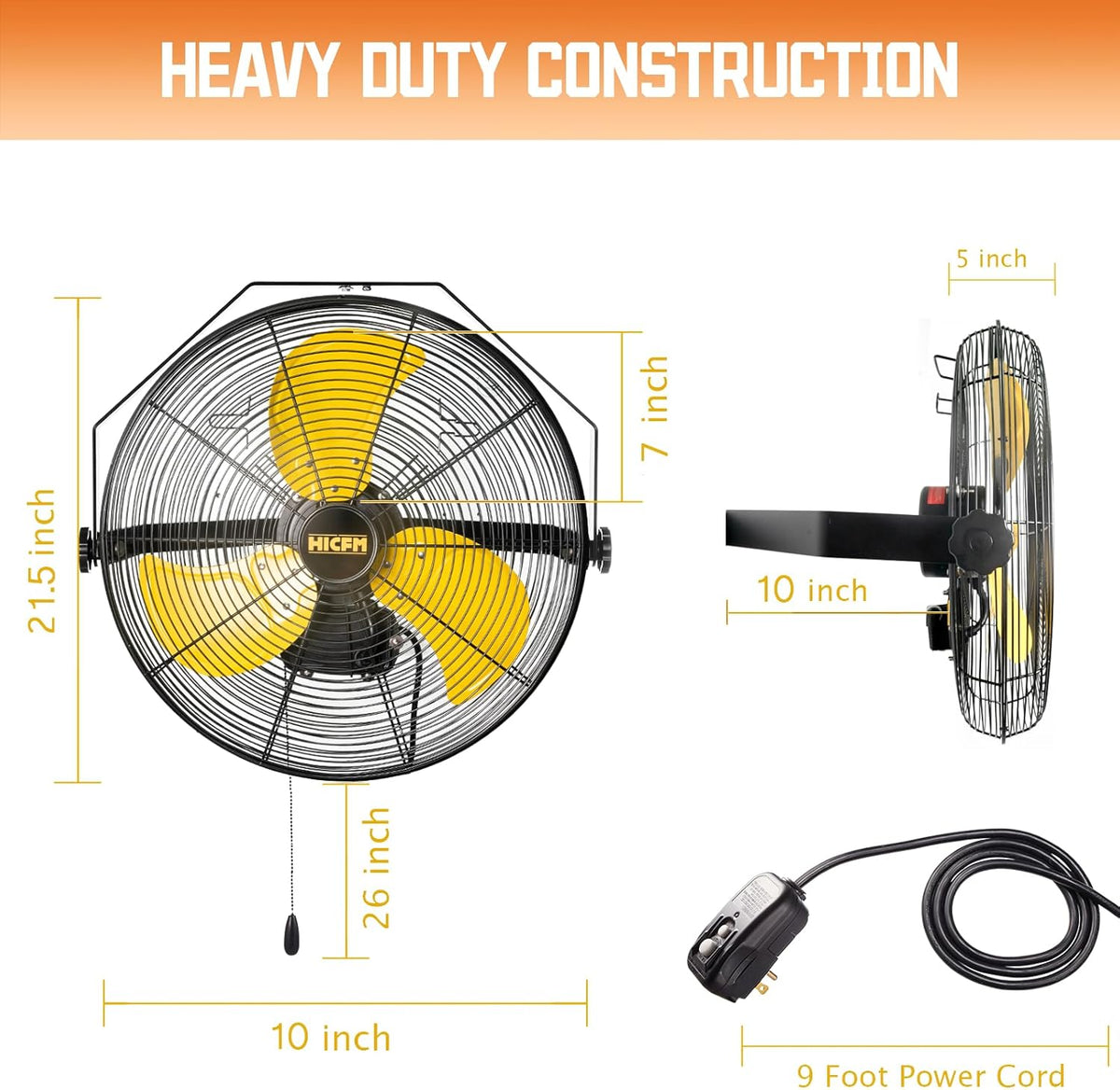 HiCFM 18 inch Outdoor Wall Mount Fan, 4300 CFM High Velocity 3-Speed Weatherproof Wall-Mounted Fans