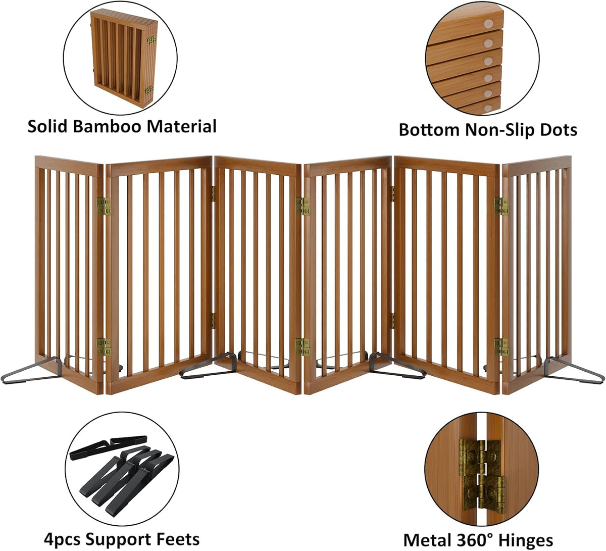Freestanding Pet Gate Foldable Dog Gate (110 inches Wide) Walnut Bamboo Dog Gates for Stair