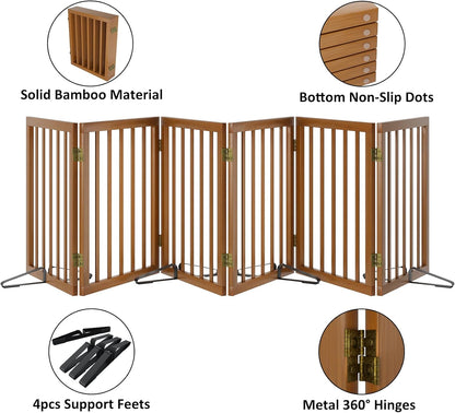 Freestanding Pet Gate Foldable Dog Gate (110 inches Wide) Walnut Bamboo Dog Gates for Stair
