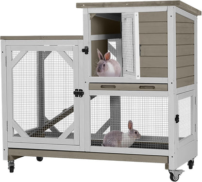 GUTINNEEN Rabbit Hutch Indoor Mobile Bunny Cage with Run Wooden 2 Story Guinea Pig Cage Outdoor for