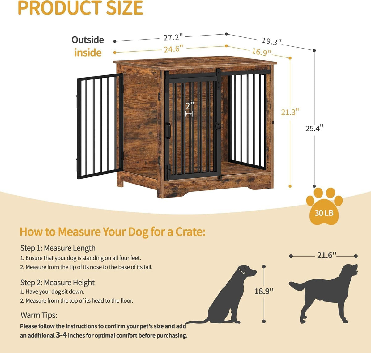 27.2" Dog Crate Furniture with Barn Door, Heavy Duty Dog Kennel Indoor with 2 Doors, Wooden Pet