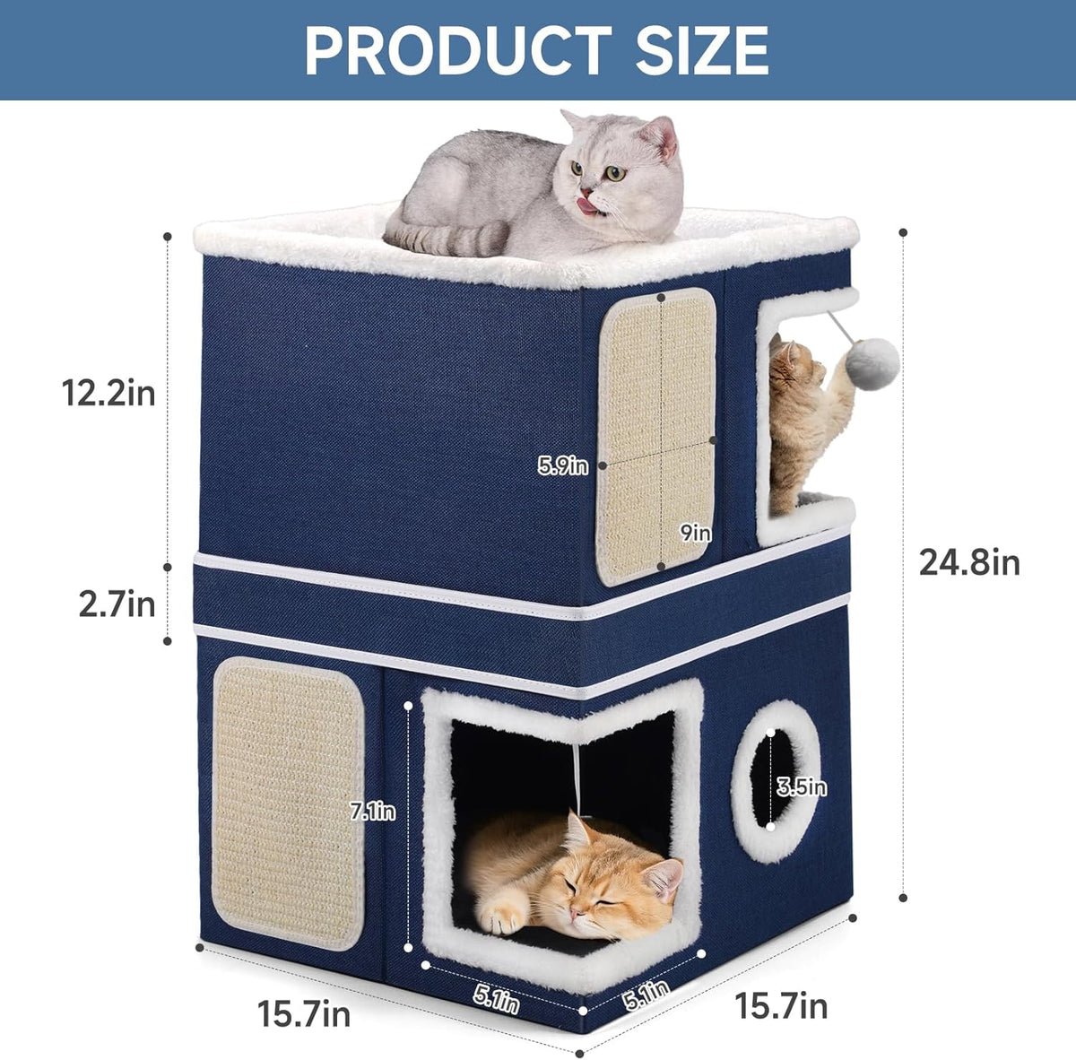 2-Storey Cat House for Indoor Cats, Large Double Cat Bed Cave with Hideaway Condos, Scratch Pads