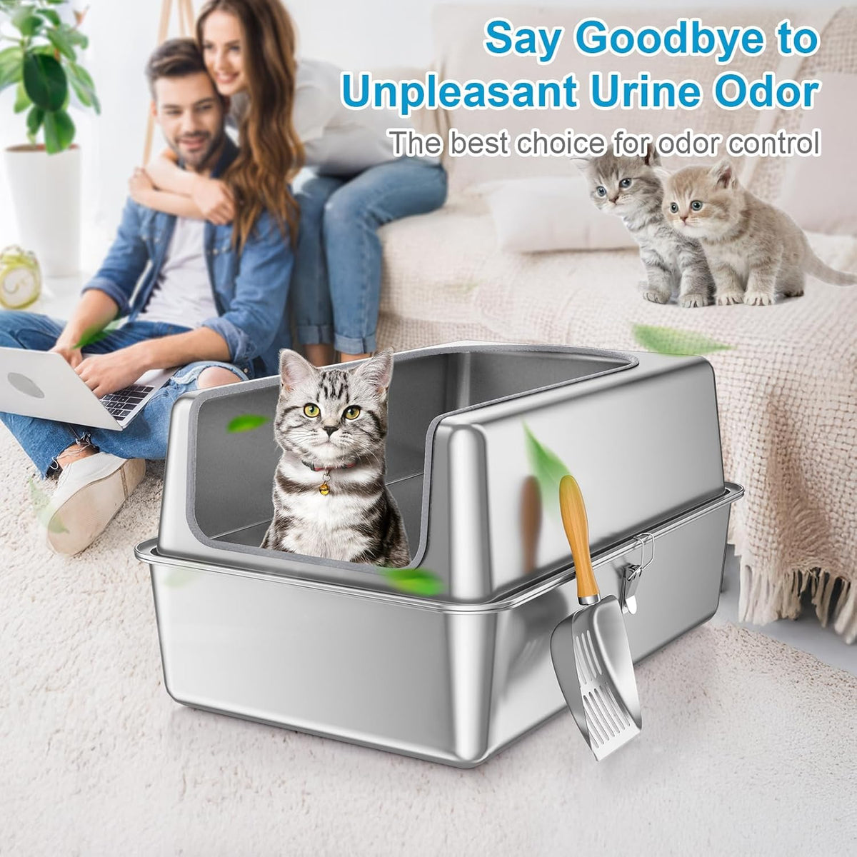 12'' High Sides XL All Stainless Steel Cat Litter Box with Lid,Deep Metal Litter Box for Big