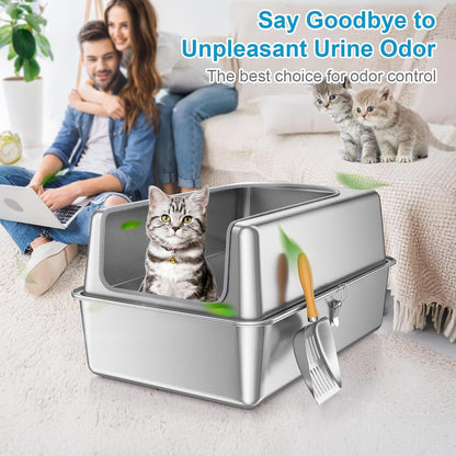 12'' High Sides XL All Stainless Steel Cat Litter Box with Lid,Deep Metal Litter Box for Big