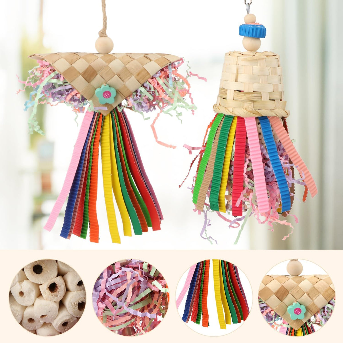 Wontee Bird Colorful Shredding Crinkles Foraging Toys Natural Sola Ball for Parrots Cockatiels