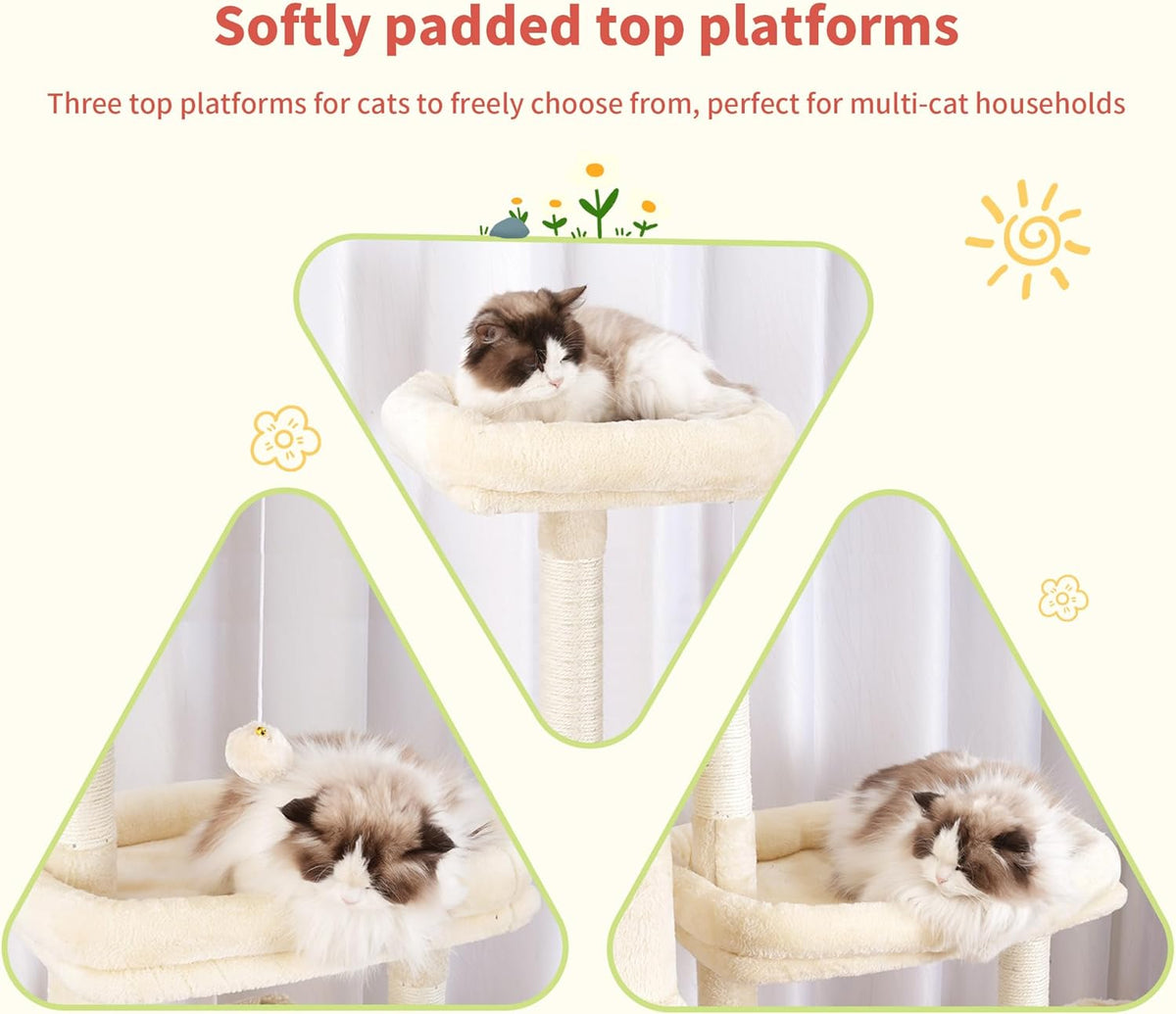 Hey-brother Cat Tree Tower, Scratching Posts with a Extended Part, Wide Platforms, Cozy Condos