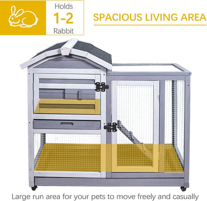 GEGURI Rabbit Hutch Indoor Rabbit Cage Outdoor, Wooden Bunny Cages for Guinea Pig with Wheels