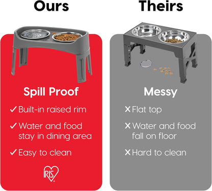 IRIS USA Elevated Dog Bowls, Adjustable Height, 2 Thick 64 oz Stainless Steel Bowls, Spill-Proof