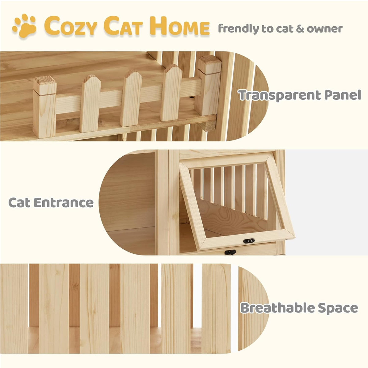 MCombo Wooden Cat Houses for Indoor Cats, Luxury Kitten House with Scratching Pad, Lockable Doors