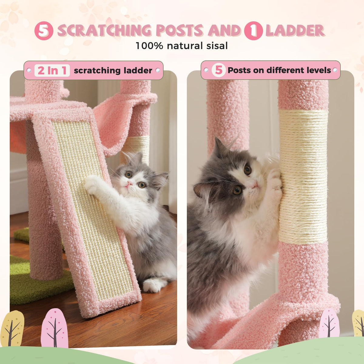 PAWZ Road Pink Cat Tree, Floor to Ceiling Cat Tower with Adjustable Height(85-112 Inches), 7 Tiers