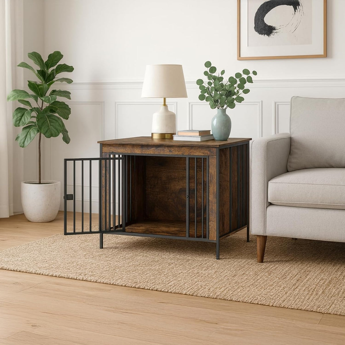 Dog Crate Furniture 40" Sturdy Heavy Duty Dog Kennel Solid Metal Tube Thick Wooden with 3 Lockable