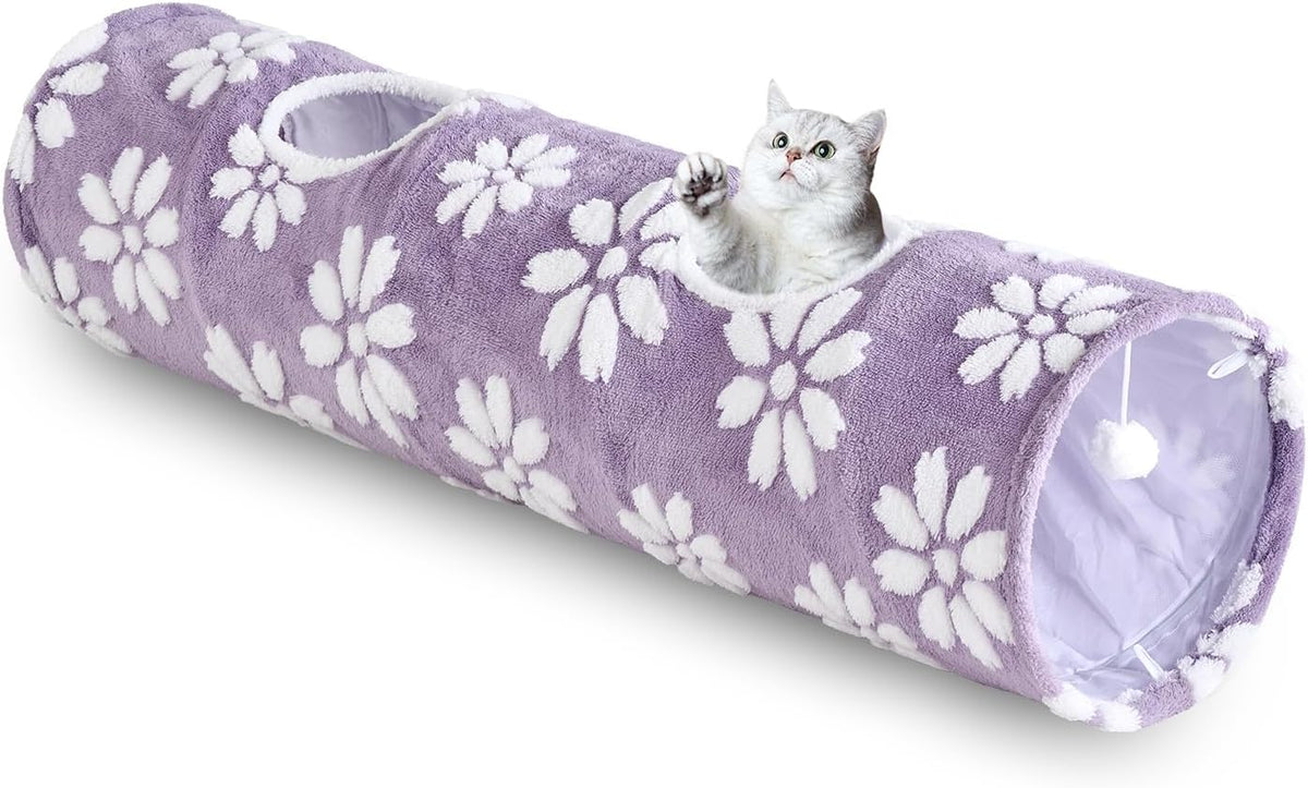 Straight Cat Tunnel for Indoor Cats 47"x12", Cute Cat Toys Collapsible Tunnel Tube with Balls for