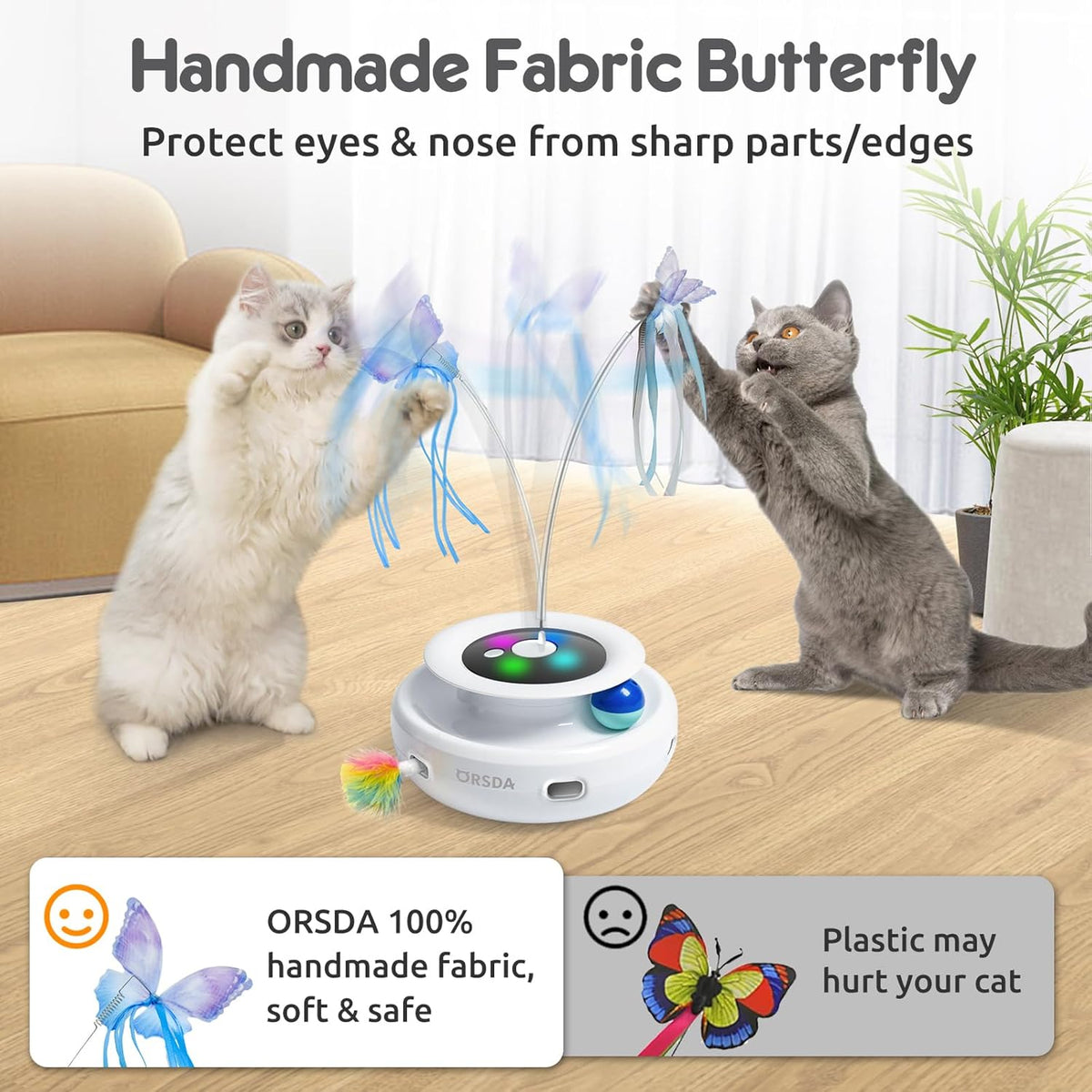 ORSDA Cat Toy, 3-in-1 Automatic Interactive Electronic Moving Ambush Feather, Fluttering Butterfly