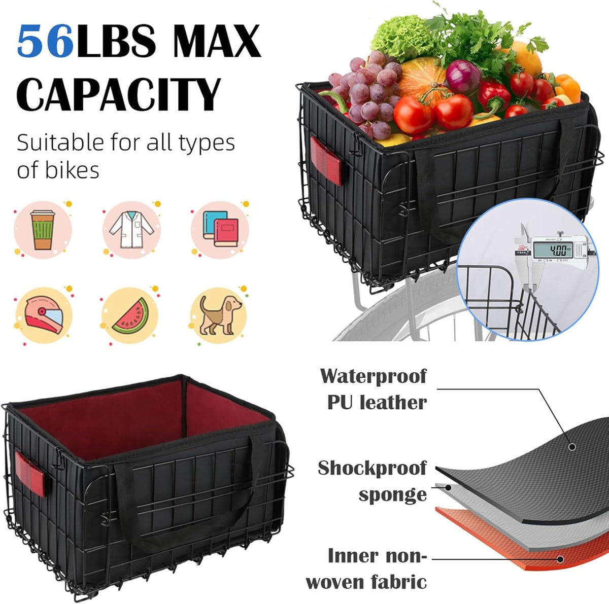 Bike Basket Rear, Folding Bicycle Basket with Removable Waterproof Liner Bag, Rear Bike Cargo Rack