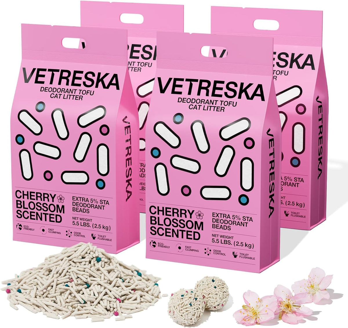 VETRESKA Cherry Blossom Tofu Cat Litter,Natural Pretty Kitty Litter Strong Clumping Flushable Cat