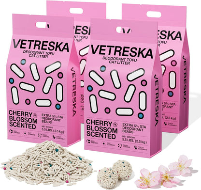 VETRESKA Cherry Blossom Tofu Cat Litter,Natural Pretty Kitty Litter Strong Clumping Flushable Cat