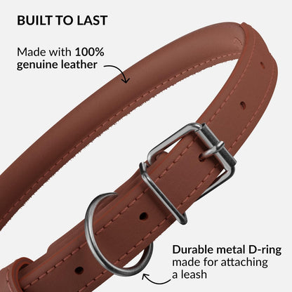 CollarDirect Rolled Leather Dog Collar, Soft Padded Round Puppy Collar, Handmade Genuine Leather