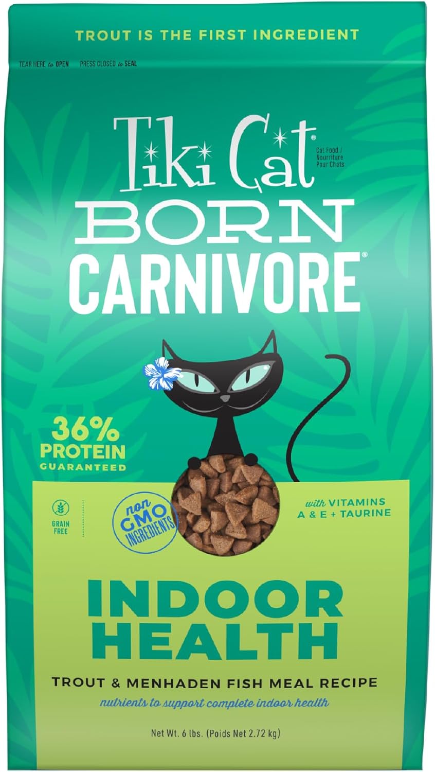 Tiki Cat Born Carnivore Indoor Health, Trout & Menhaden Fish Meal, Grain-Free Baked Kibble to