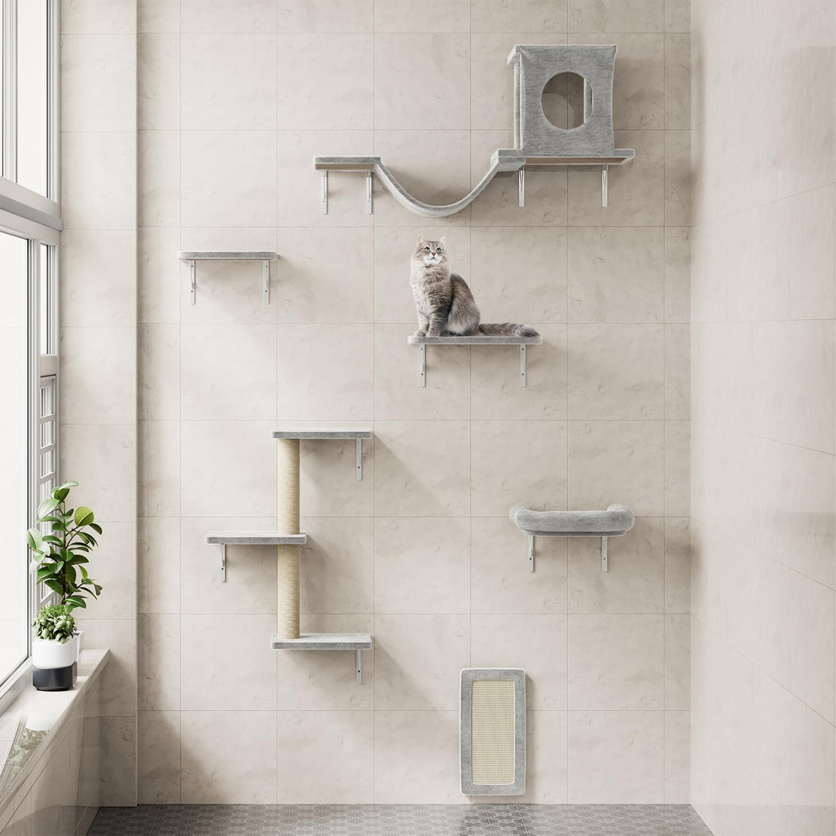 NUNU LAB Cat Wall Shelves, 6 Pcs Luxury Wall-Mounted Cat Climber Set, Indoor Cat Furniture with 1