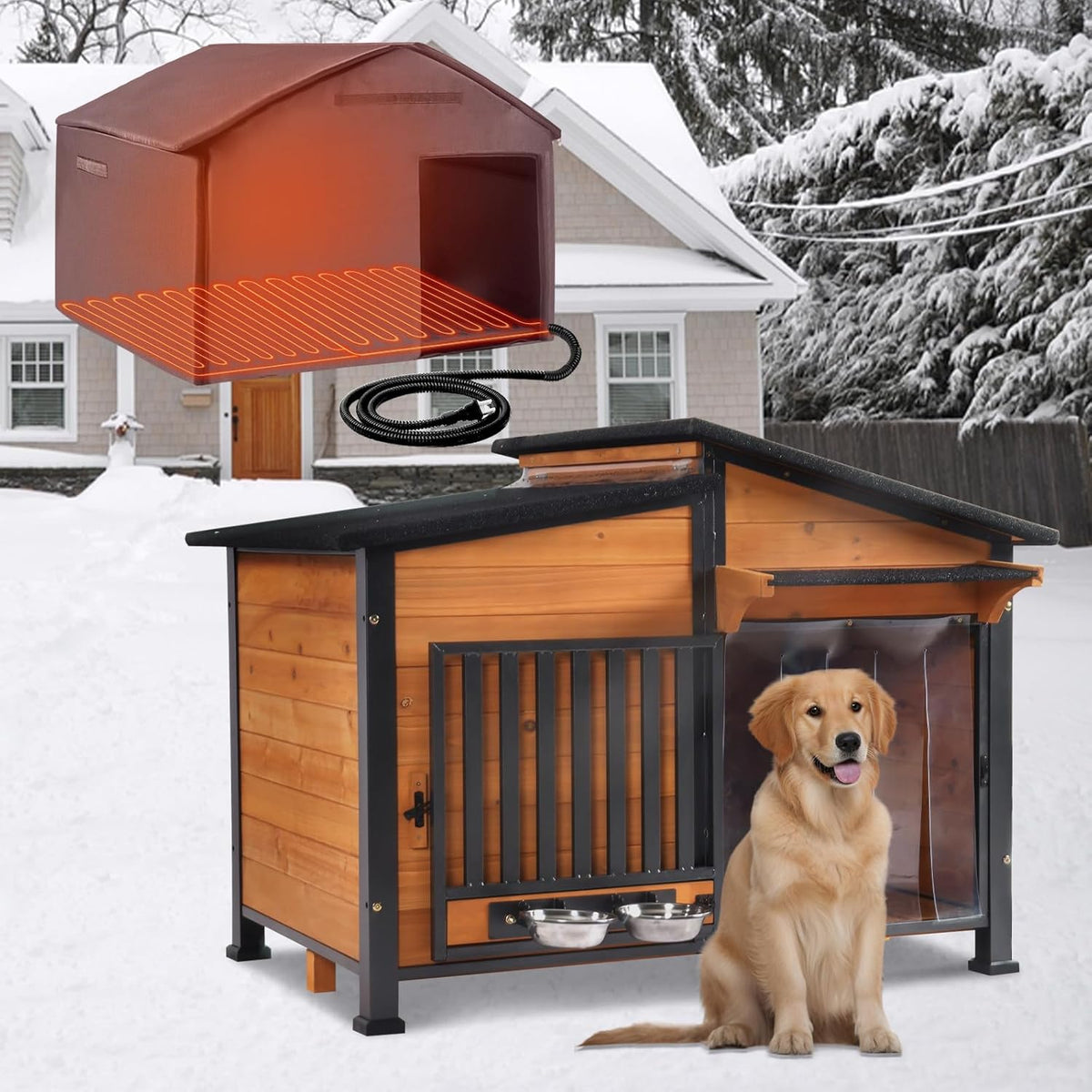 Chew-Resistant Dog House with Metal Frame, Wooden Kennel for Indoor & Outdoor Use, Waterproof Roof