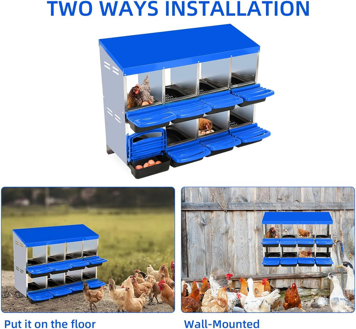 Chicken Nesting Boxes, 8 Hole Metal Chicken Laying Box with with Removable Trays and Roll Out Egg