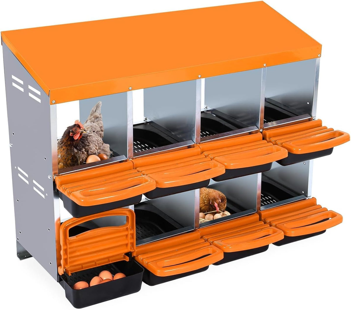 Chicken Nesting Boxes, 8 Hole Metal Chicken Laying Box with with Removable Trays and Roll Out Egg