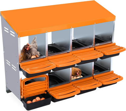 Chicken Nesting Boxes, 8 Hole Metal Chicken Laying Box with with Removable Trays and Roll Out Egg