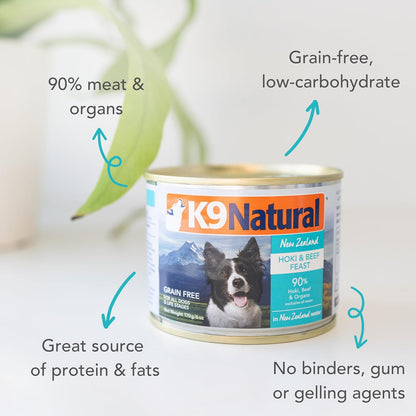 K9 Natural Wet Dog Food Pate, Hoki & Beef Feast, 6 Oz Cans (Pack of 12), Grain Free, Made in New