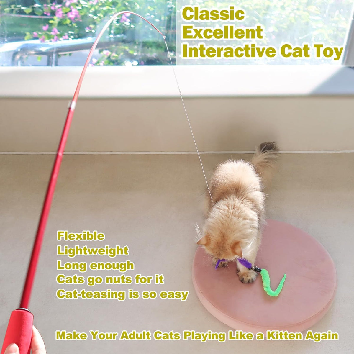 Interactive Cat Toys - Retractable Wand Toy and Feather Toys Refills for Indoor Cats to Chase and