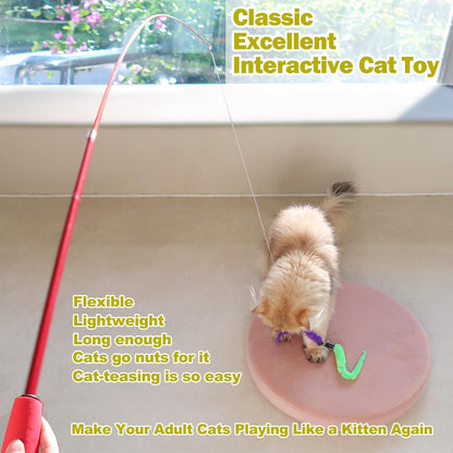 Interactive Cat Toys - Retractable Wand Toy and Feather Toys Refills for Indoor Cats to Chase and