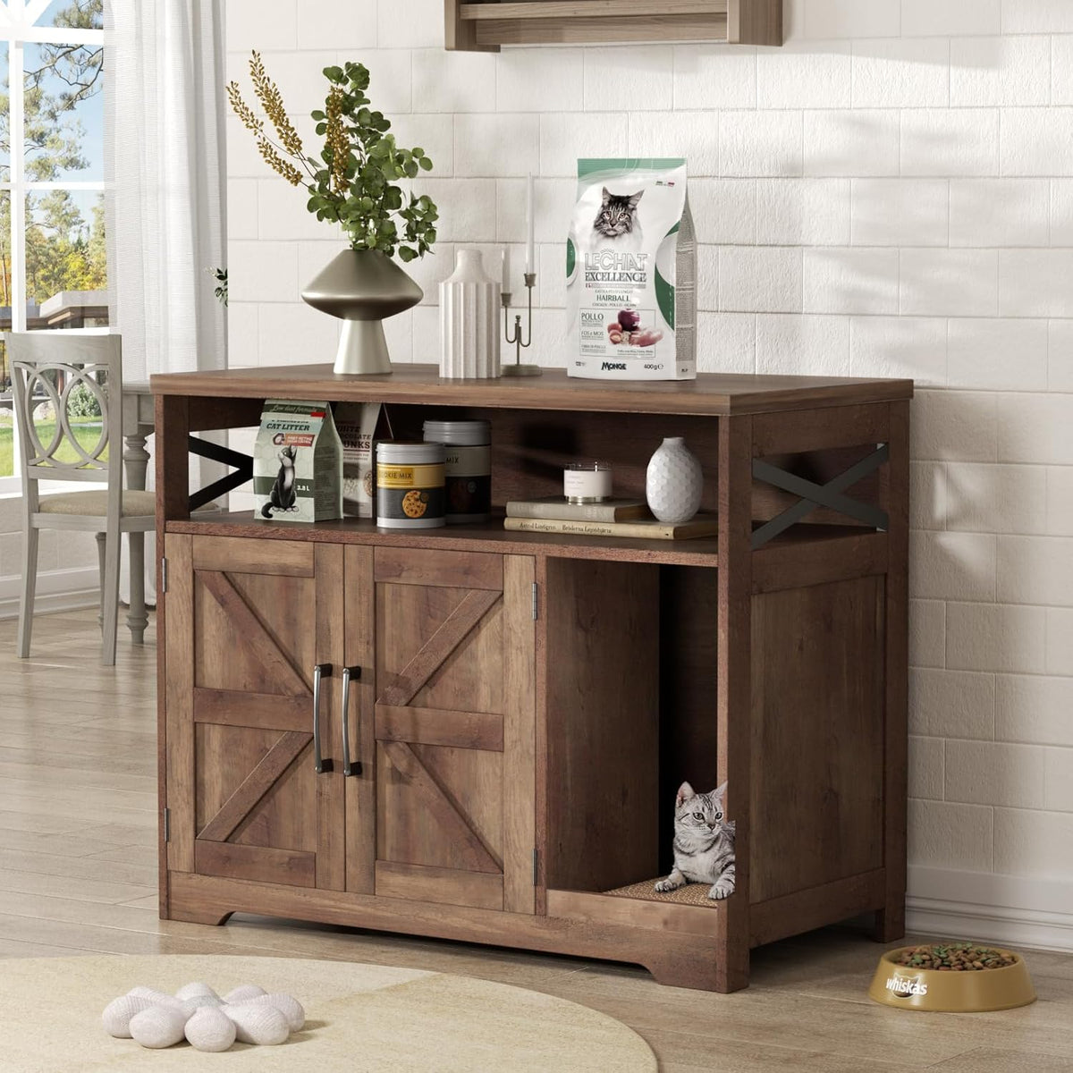 Cat Litter Box Enclosure, Hidden Litter Box Furniture with Scratch Pad, Farmhouse Indoor Cat House