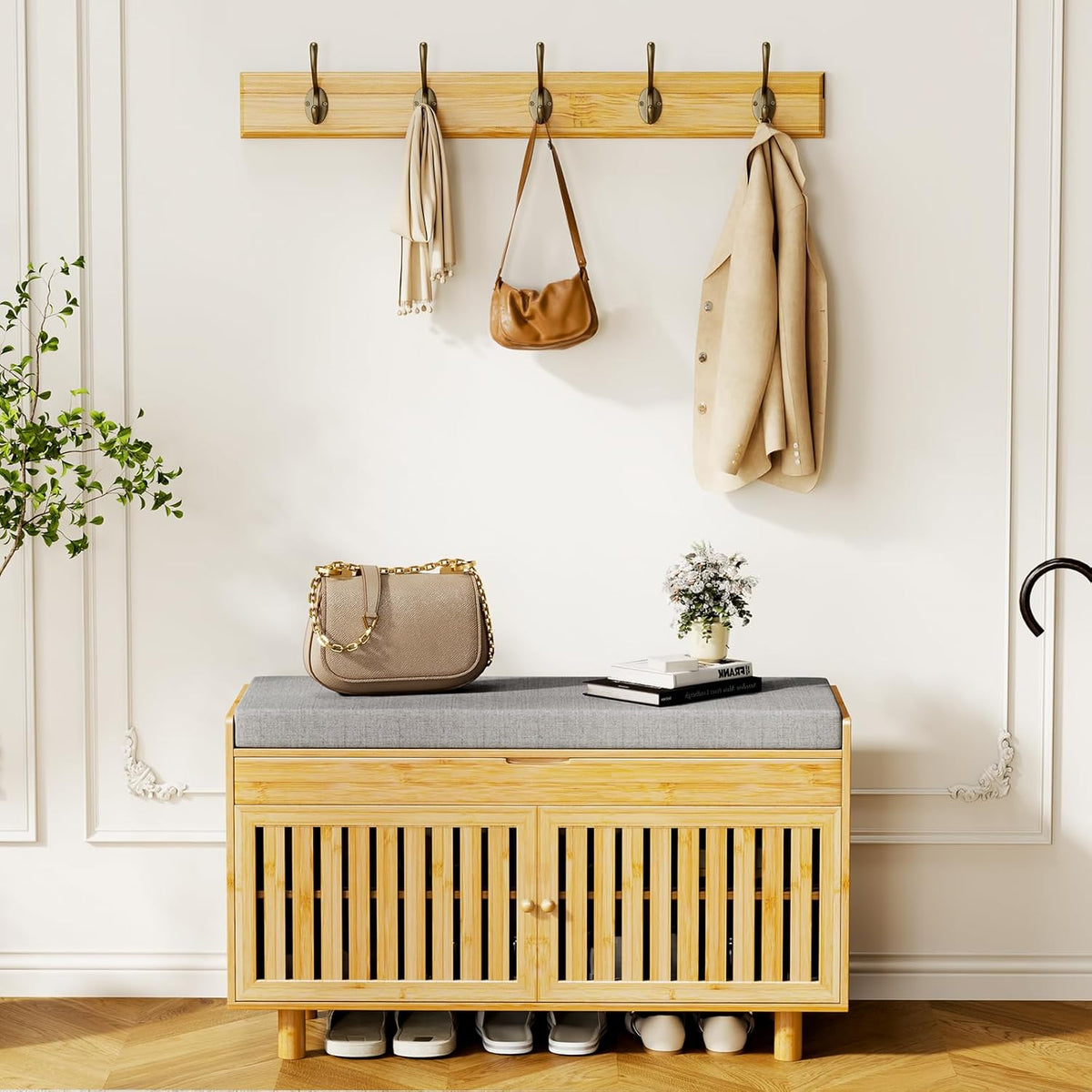Coat Rack Shoe Bench Set, Bamboo Shoe Storage Bench with Seat Cushion & 5 Hooks, Hall Tree Entryway