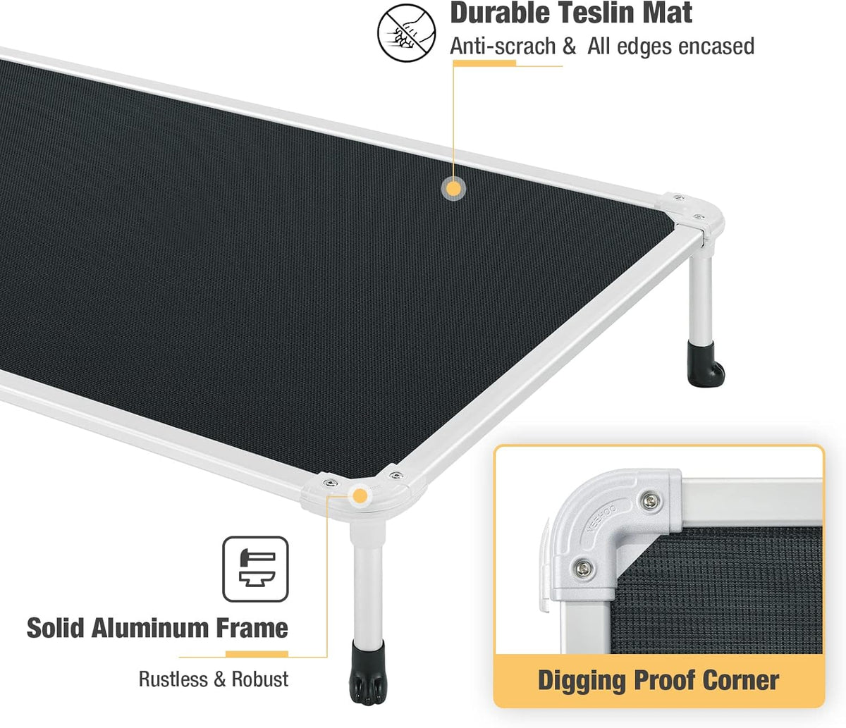 Veehoo Chew Proof Elevated Dog Bed - Cooling Raised Pet Cot - Silver Aluminum Frame and Durable