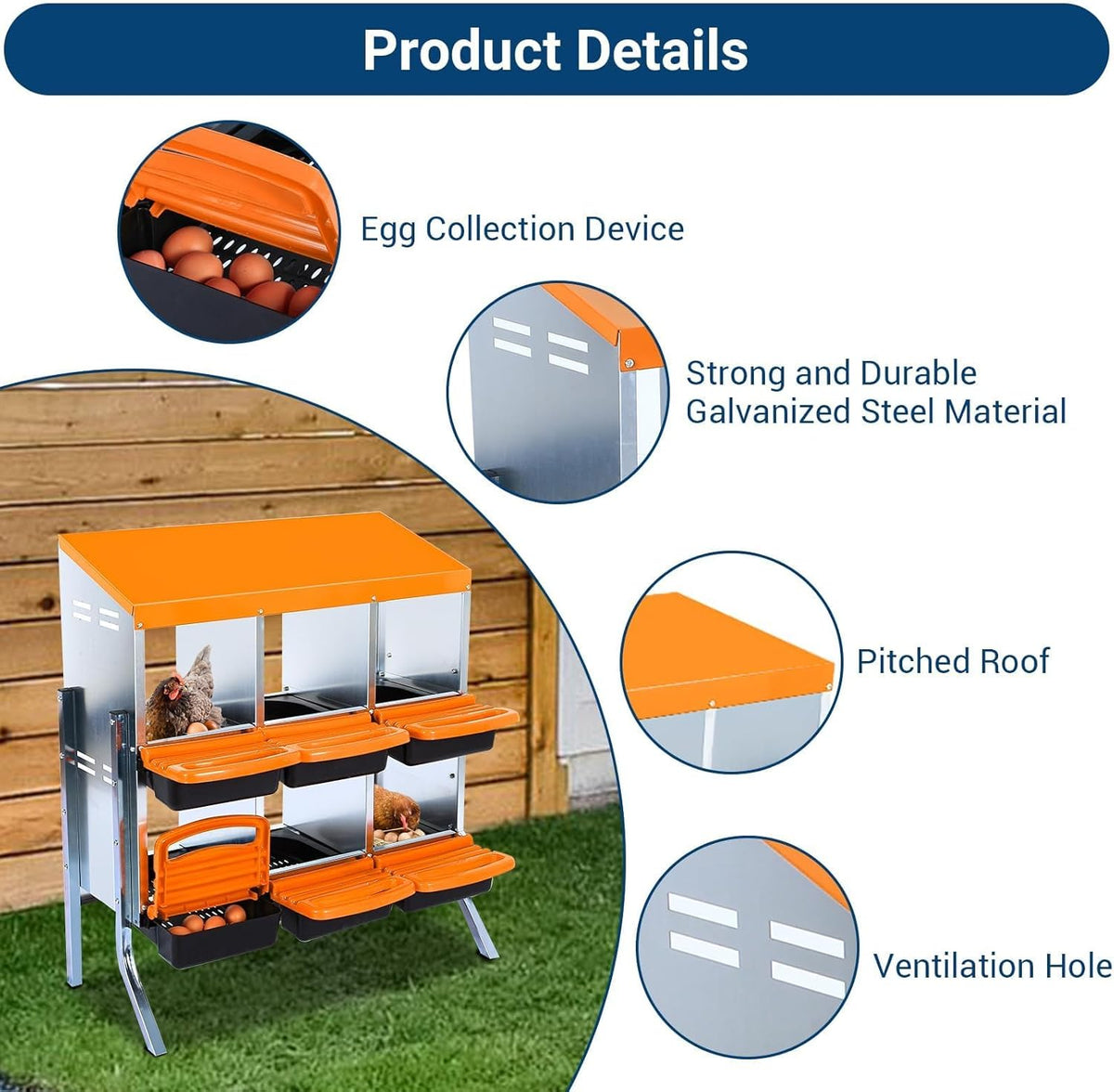 Chicken Nesting Boxes, 6 Hole Metal Chicken Laying Box with with Removable Trays and Roll Out Egg