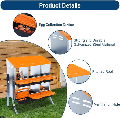 Chicken Nesting Boxes, 6 Hole Metal Chicken Laying Box with with Removable Trays and Roll Out Egg