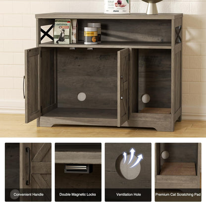 Cat Litter Box Enclosure, Hidden Litter Box Furniture with Scratch Pad, Farmhouse Indoor Cat House