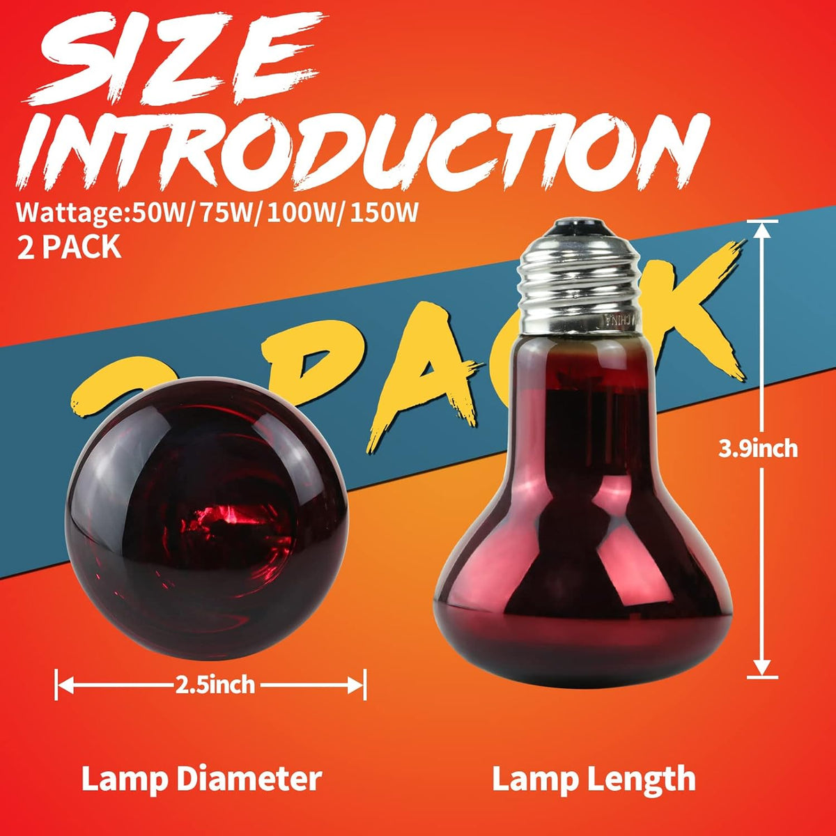 LUCKY HERP 50W Reptile Heat Lamp Bulbs 2 Pack, Reptiles & Amphibians Infrared Basking Spot Lamp