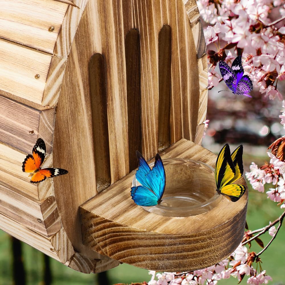 Picowe Wooden Butterfly House - Natural Habitat Nesting Box With Feeder for Butterflies, Bees