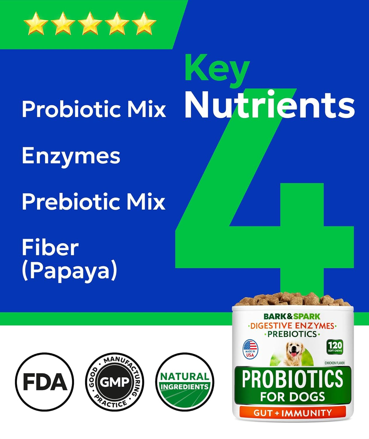 BARK&SPARK Dog Probiotics for Digestive Health w/Enzymes - Diarrhea Gas Treatment Upset Stomach