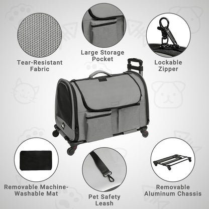 Large Pet Carrier with Wheels, Foldable Rolling Dog Carrier with Wheels and Big Pocket, Cat Rolling