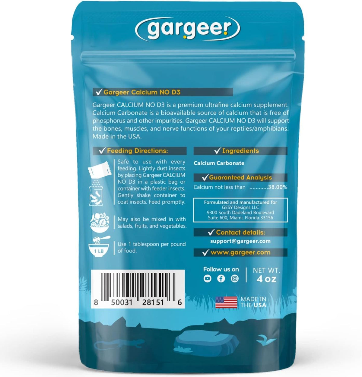 4oz All Reptile Calcium Powder, Phosphorus-Free Ultrafine Powder, Pure Dust Without Vitamin D3