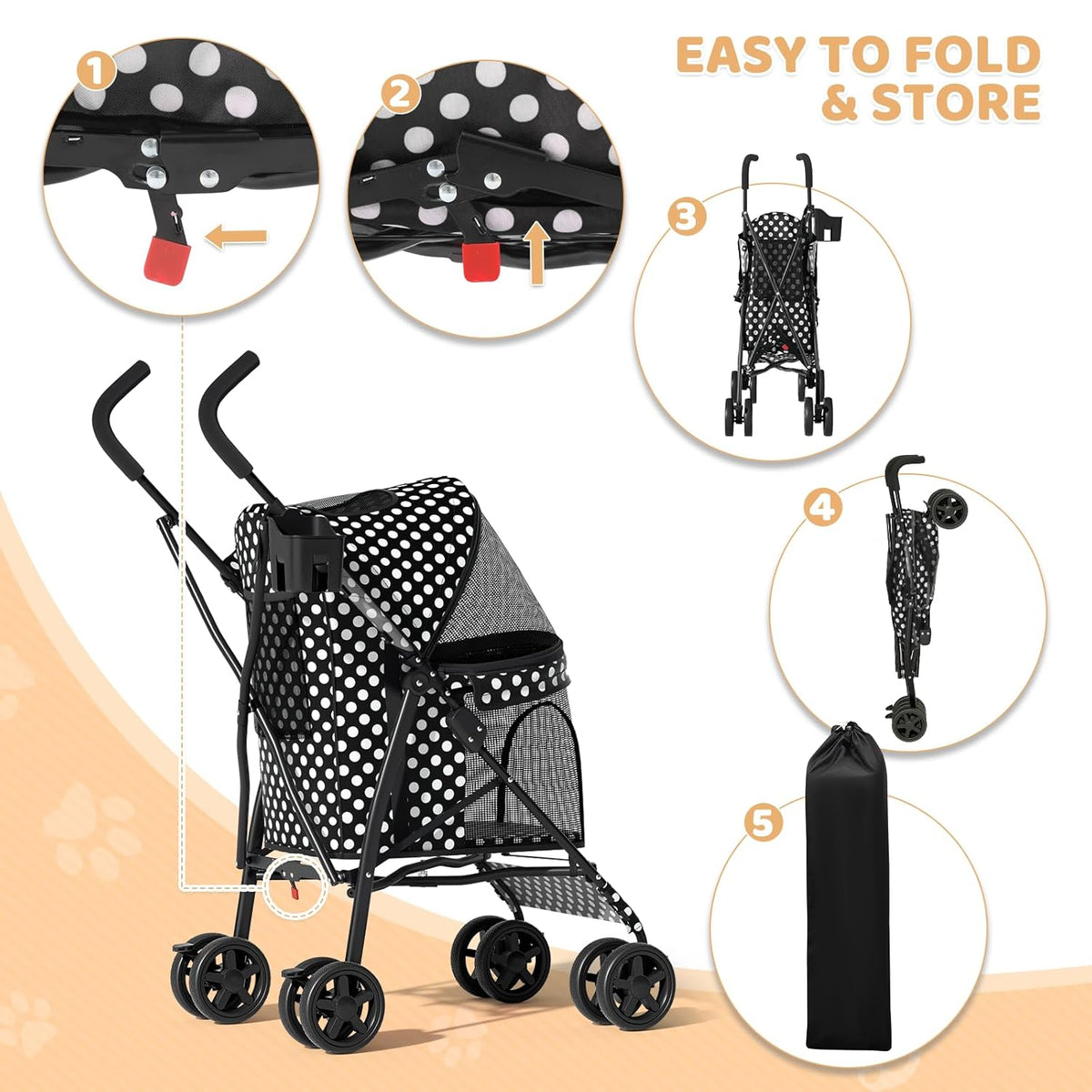 Magshion Compact Pet Stroller for Small-Medium Dogs/Cats up to 22lbs, 4-Wheel Lightweight Umbrella