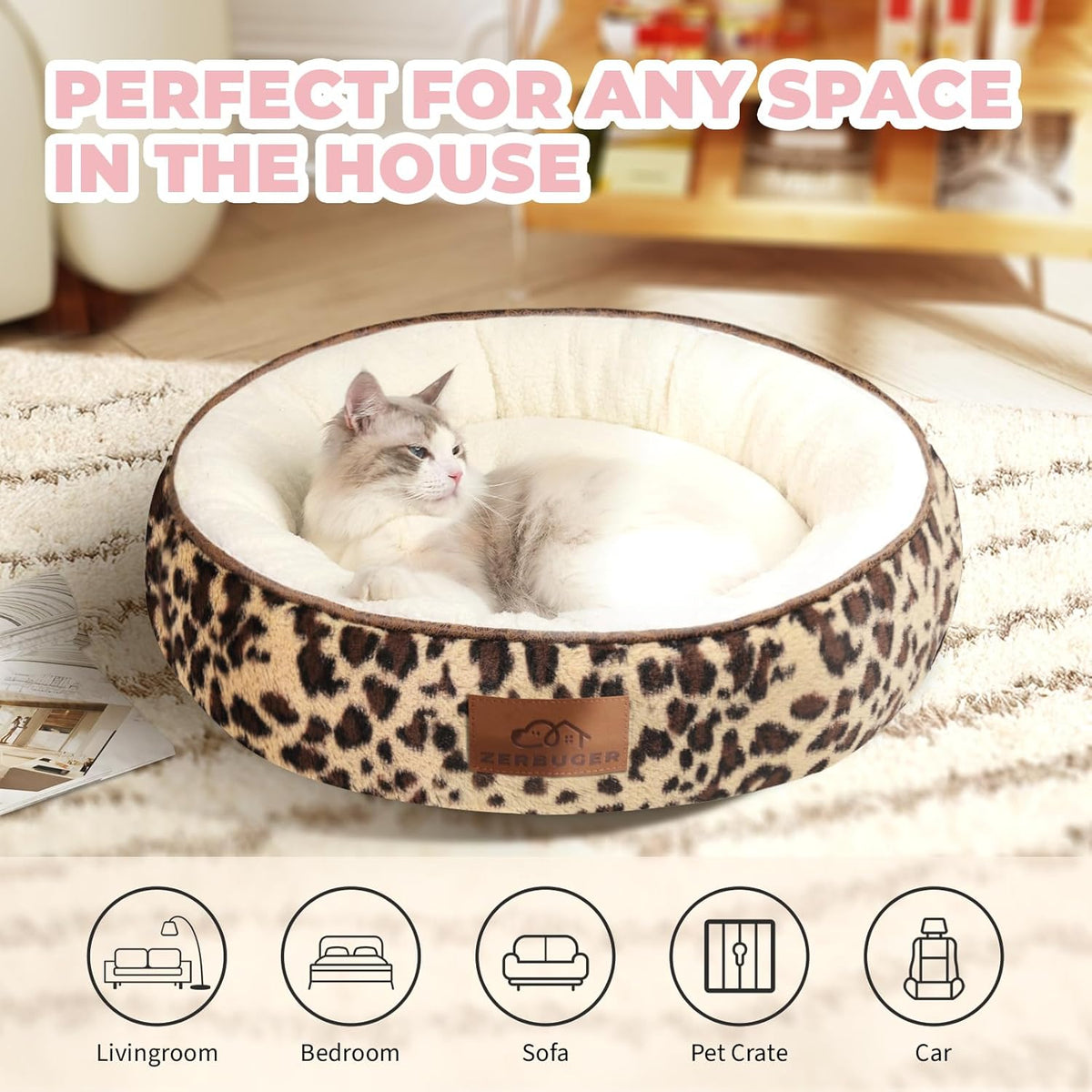 20in Leopard Round Cat Dog Bed Gift for Large Medium Small Dogs Cats, Machine Washable Sleeping