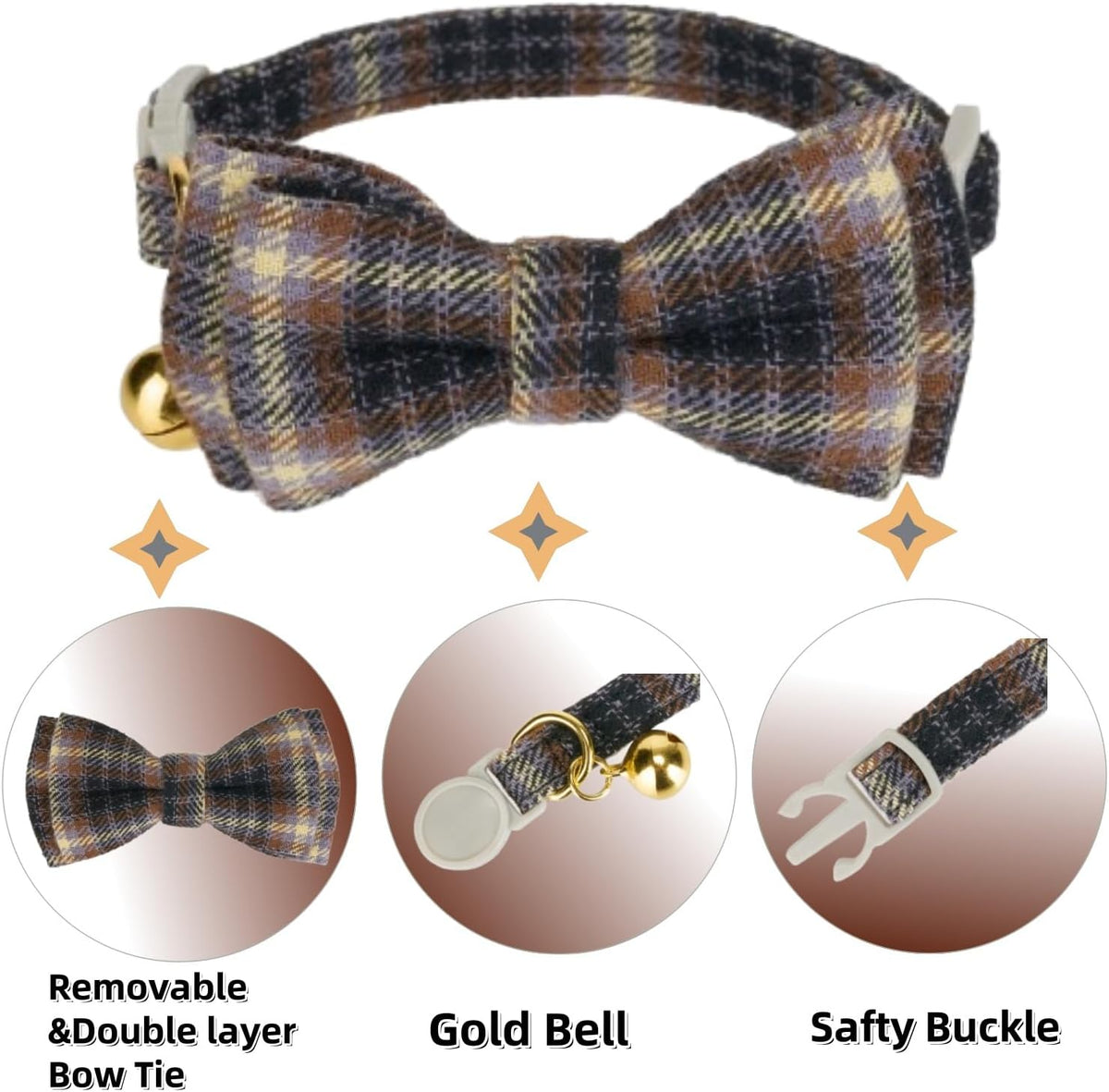 2 Pack Soft Cotton Cat Collars with Bowtie and Bell Breakaway Plaid Cat Kitten Collar(Ocean Blue